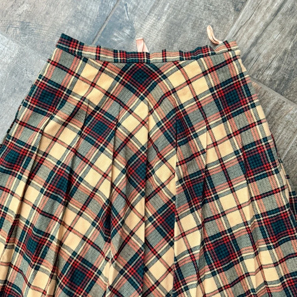 Martinique Vintage Tartan Plaid Pleated Wool Blend Midi Skirt,Green Red Tan,14